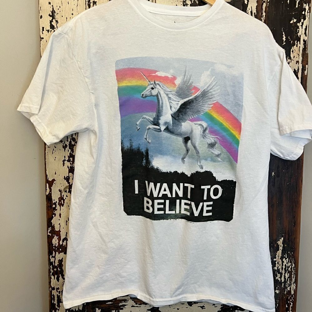 I want to Believe women’s 🦄 rainbow 🌈 T-shirt.  Size L.
